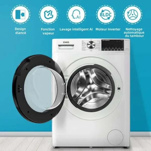 CHiQ Lave-linge CFL80-14586IM3XWA, Chargement frontal 8 kg,1400 tr/min, Programme IA, Fonction vapeur, Lavage rapide 15 min, Blanc – Image 2