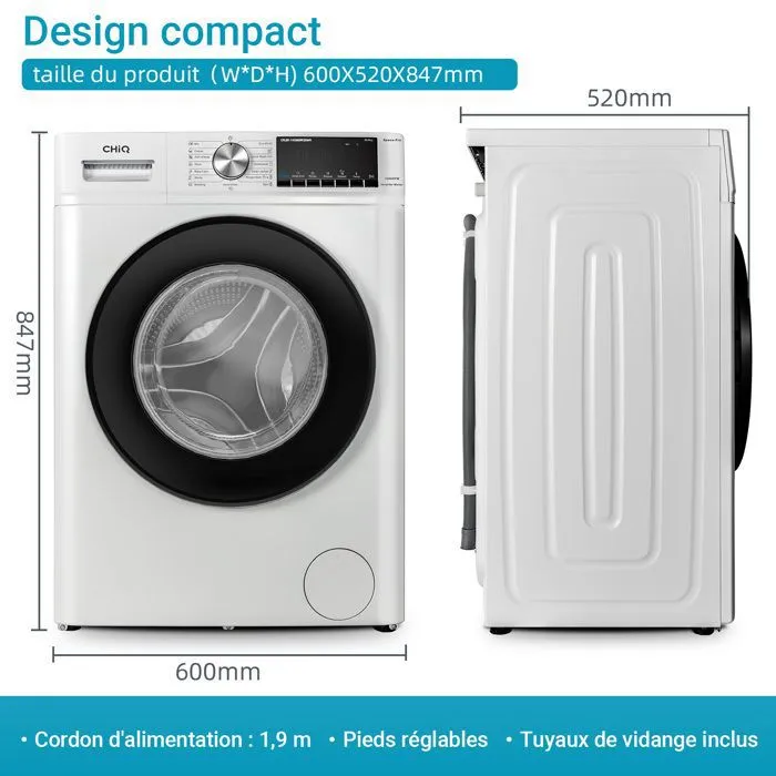 CHiQ Lave-linge CFL80-14586IM3XWA, Chargement frontal 8 kg,1400 tr/min, Programme IA, Fonction vapeur, Lavage rapide 15 min, Blanc – Image 3