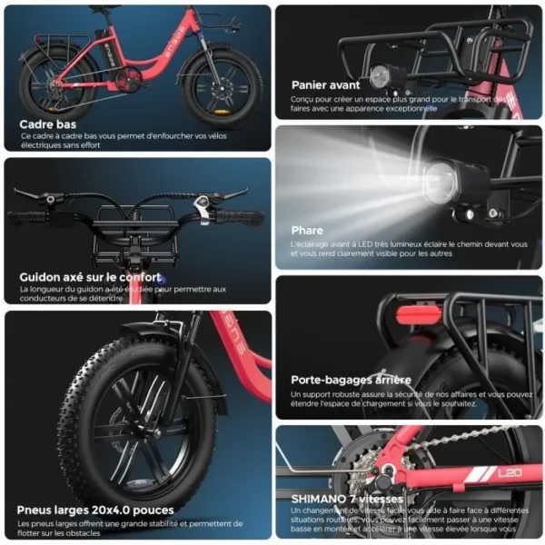 Vélo électrique ENGWE L20 Autonomie 140km Moteur 250W Batterie 48V13Ah Amortisseur avant Pneus snow 20 pouces VTC Fat bike Vert – Image 3