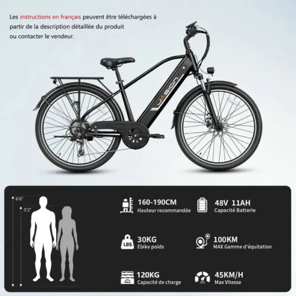 JASION Vélo électrique VAE 26" - Batterie amovible 48V/11Ah- Shimano 7 Vitesses - Vélo VTT E-Bike - Moteur 500W -Noir – Image 4