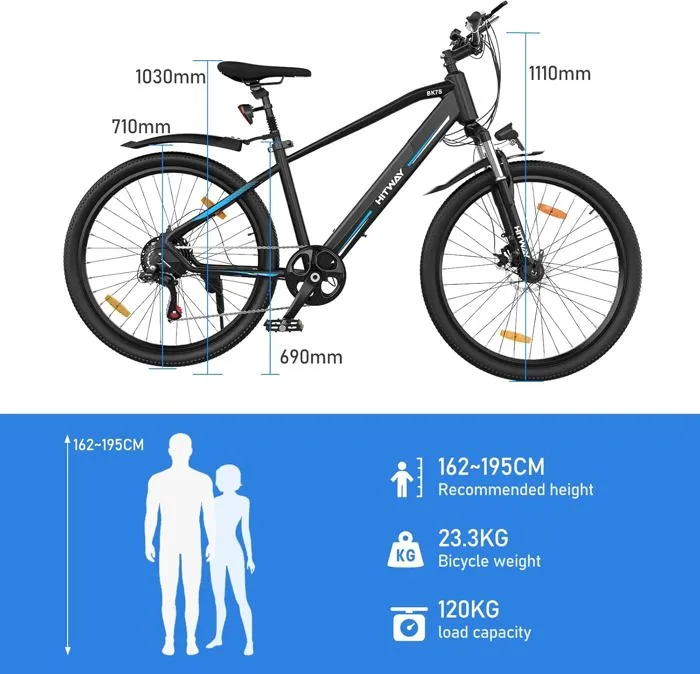 HITWAY Vélo Électrique 26" VAE-Batterie 36V/12Ah-Moteur 250W - 7 Vitesses - VTT Vélo de Montagne - E-BIKE Noir – Image 4