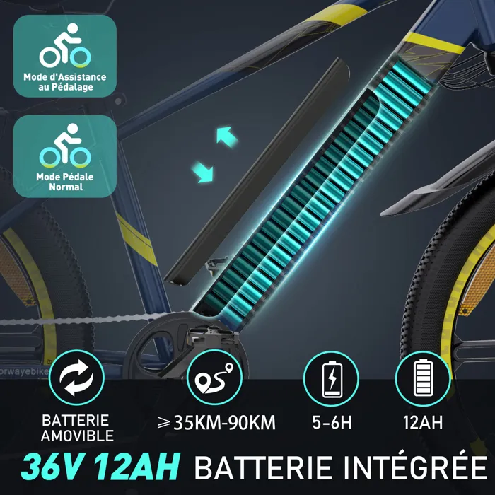 COLORWAY Vélo Électrique 26", VTT Ville, Batterie Lithium amovible 36V12Ah - 7 Vitesses - Bleu – Image 4