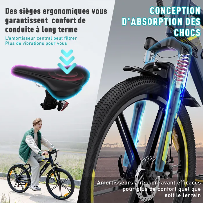 COLORWAY Vélo Électrique 26", VTT Ville, Batterie Lithium amovible 36V12Ah - 7 Vitesses - Bleu – Image 6
