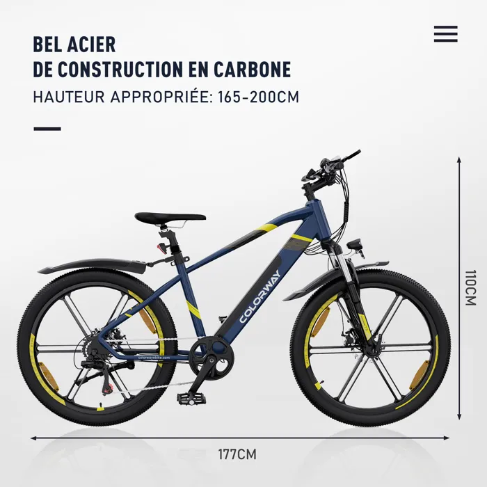 COLORWAY Vélo Électrique 26", VTT Ville, Batterie Lithium amovible 36V12Ah - 7 Vitesses - Bleu – Image 3