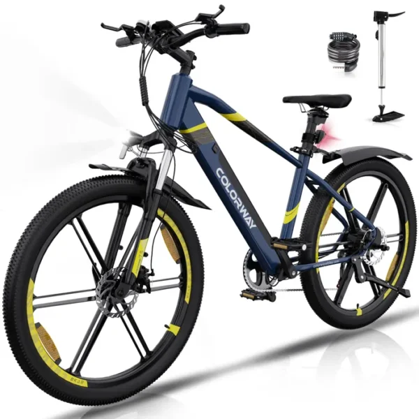 COLORWAY Vélo Électrique 26", VTT Ville, Batterie Lithium amovible 36V12Ah - 7 Vitesses - Bleu