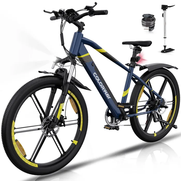 COLORWAY Vélo Électrique 26", VTT Ville, Batterie Lithium amovible 36V12Ah - 7 Vitesses - Bleu