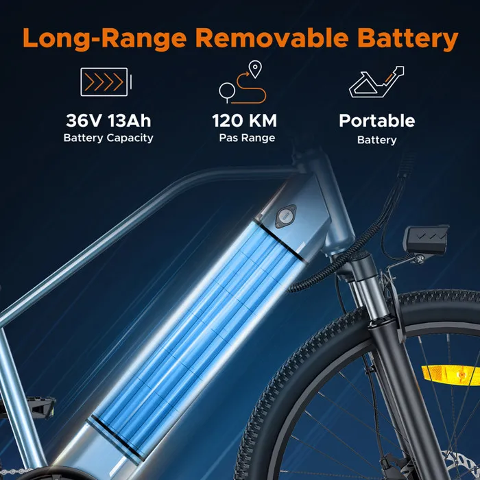 HILLMILES MileTrail 1 - Vélo Électrique 26" - Batterie Amovible 36V 13Ah - Autonomie 100km - Frein à disque hydraulique, Gris – Image 3