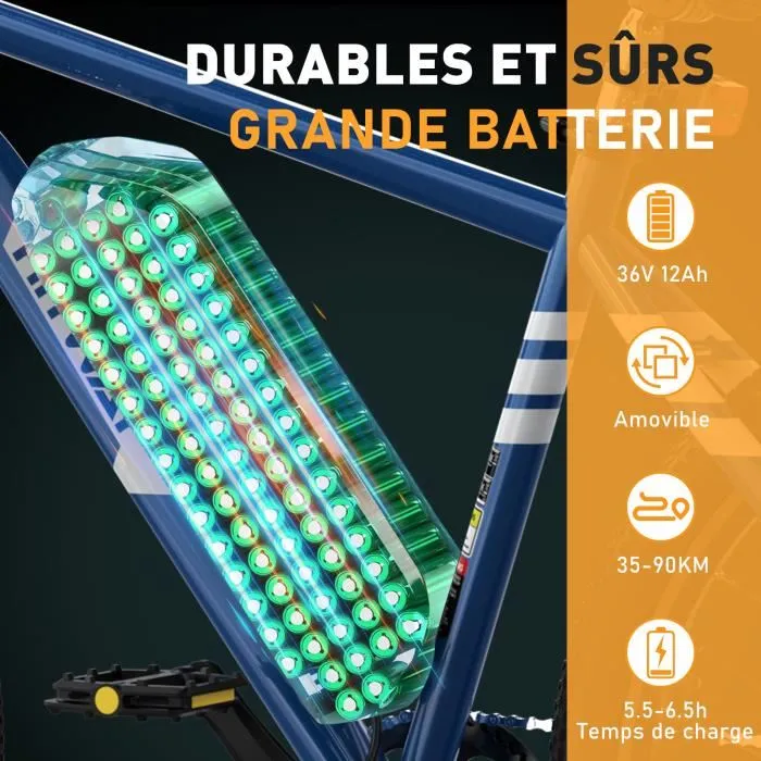 HITWAY Vélo Électrique 26" Bleu, VAE avec batterie amovible 36V/12AH, Shimano 7-Vitesses, VTT Ville E-Bike – Image 2