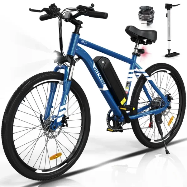 HITWAY Vélo Électrique 26" Bleu, VAE avec batterie amovible 36V/12AH, Shimano 7-Vitesses, VTT Ville E-Bike