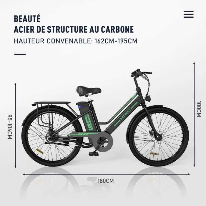 HITWAY Vélo électrique 26" Noir Moteur 250W - Batterie au Lithium Amovible 36V - 8,4Ah (pompe à velo inclus) – Image 3