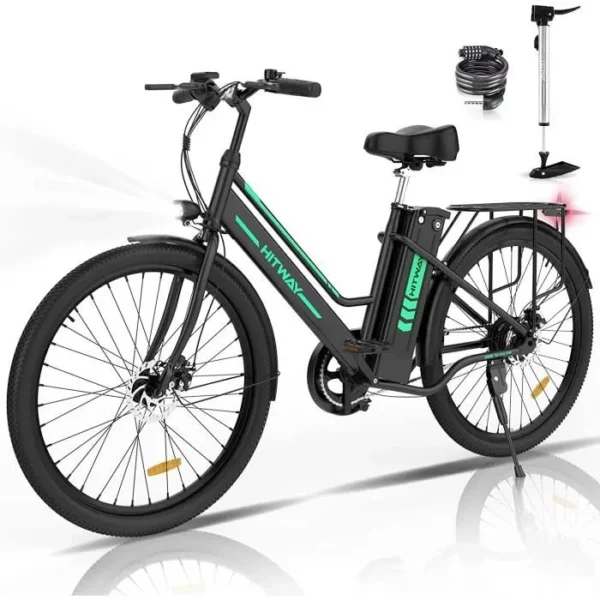 HITWAY Vélo électrique 26" Noir Moteur 250W - Batterie au Lithium Amovible 36V - 8,4Ah (pompe à velo inclus)