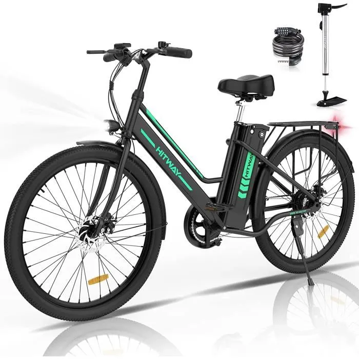 HITWAY Vélo électrique 26" Noir Moteur 250W - Batterie au Lithium Amovible 36V - 8,4Ah (pompe à velo inclus)
