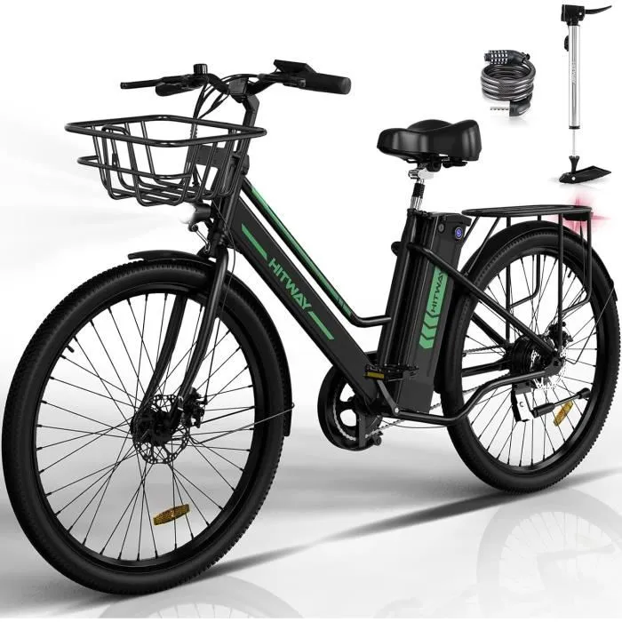 HITWAY Vélo Électrique 26" VAE, 250W, Batterie 36V/8,4Ah,Pédalage Assisté,BK8S Noir+HITWAY Panier de Vélo Avant