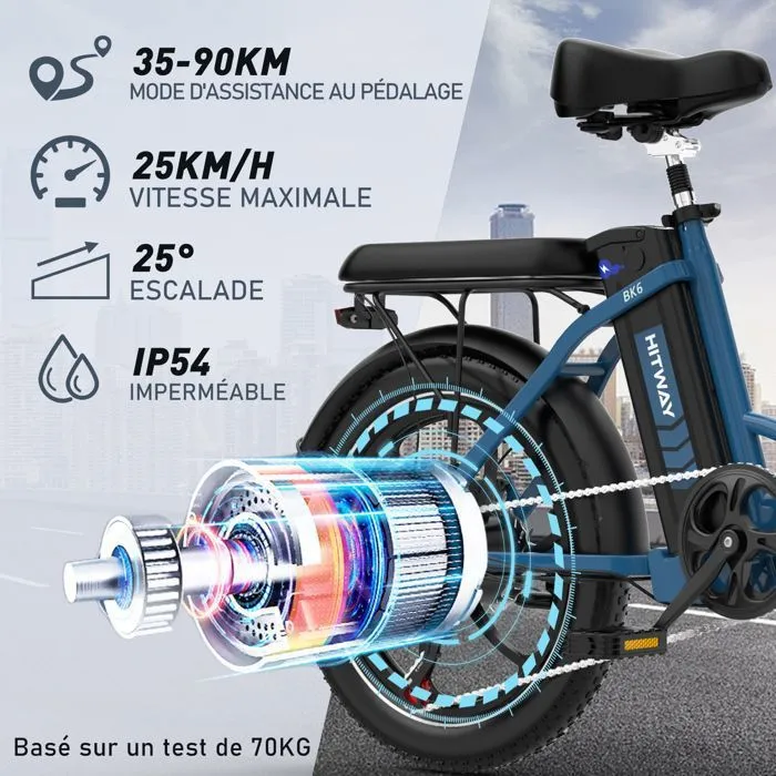 HITWAY Vélo Électrique pliable 20" - Batterie 36V/13Ah - Moteur 250W - 7 Vitesses - Bleu – Image 2