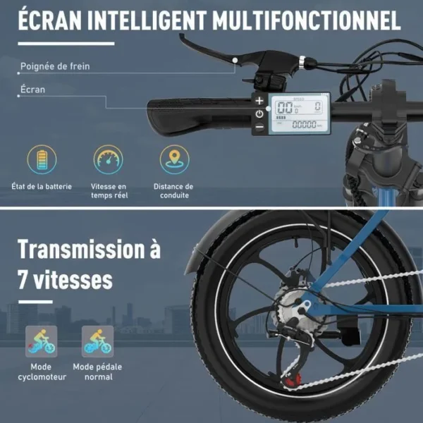HITWAY Vélo Électrique pliable 20" - Batterie 36V/13Ah - Moteur 250W - 7 Vitesses - Bleu – Image 3