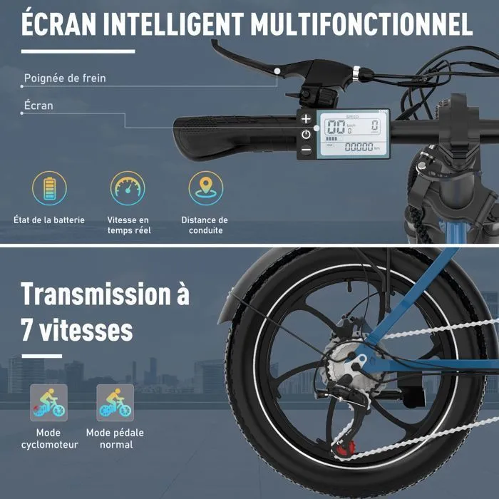 HITWAY Vélo Électrique pliable 20" - Batterie 36V/13Ah - Moteur 250W - 7 Vitesses - Bleu – Image 3