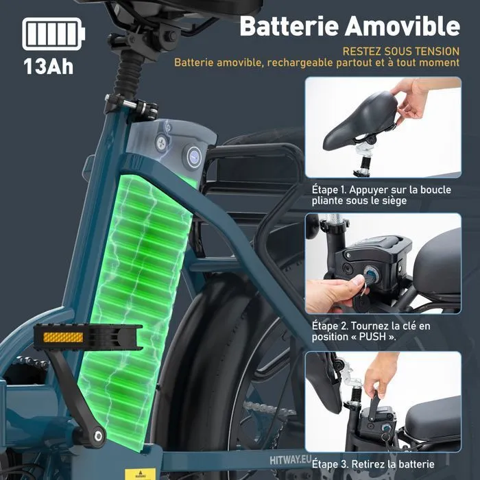 HITWAY Vélo Électrique pliable 20" - Batterie 36V/13Ah - Moteur 250W - 7 Vitesses - Bleu – Image 4