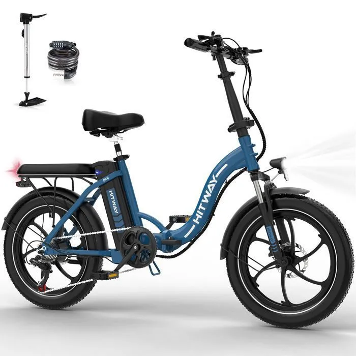 HITWAY Vélo Électrique pliable 20" - Batterie 36V/13Ah - Moteur 250W - 7 Vitesses - Bleu